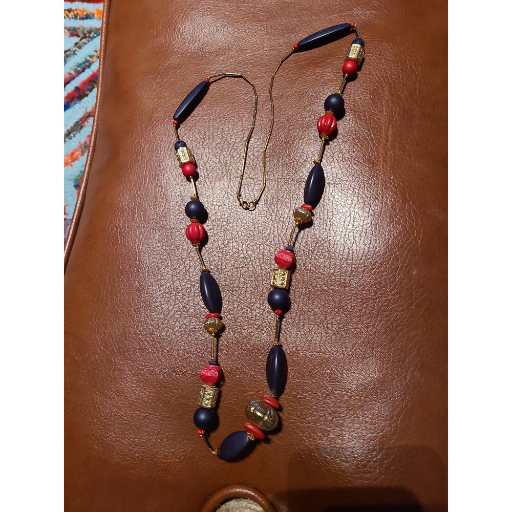 Beaded Necklace Red Blue Gold 27 Inches